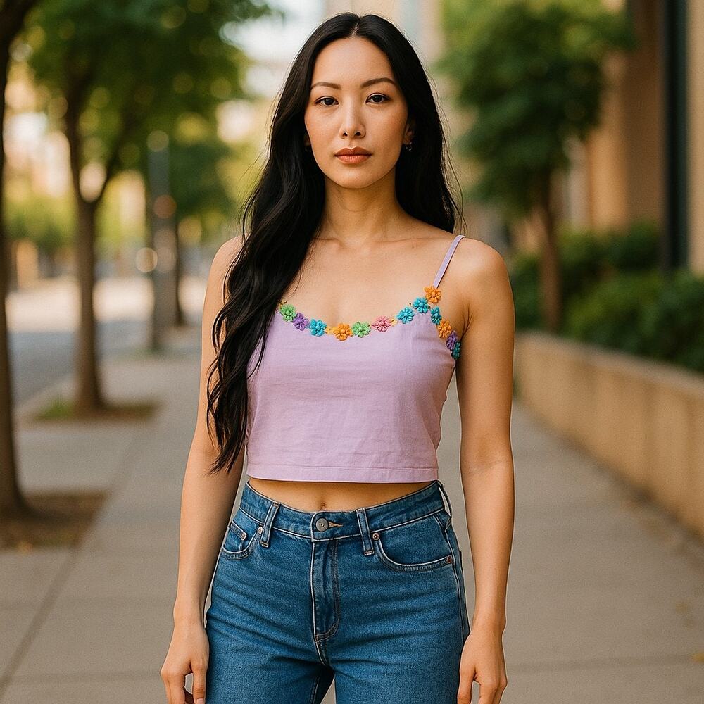 Vintage Y2K 2000s Colorful Flower Floral Sequins Cropped Crop Tank Top Small